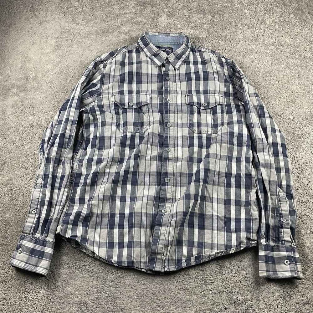 American Rag Slim Fit Button Up Shirt Mens Medium Gray Blueβ Plaid